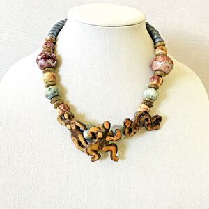 Whimsical People Lounging Ceramic Art Necklace Figural Choker Artisan Studio 19"